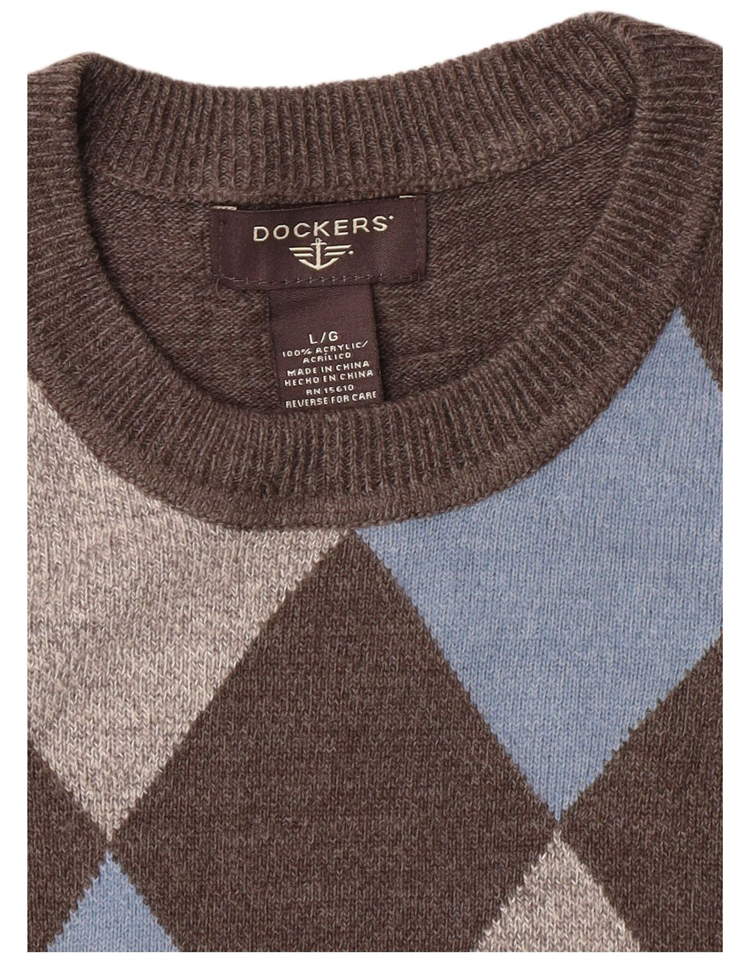 Dockers Mens Crew Neck Jumper Sweater Large Grey Argyle/Diamond Acrylic