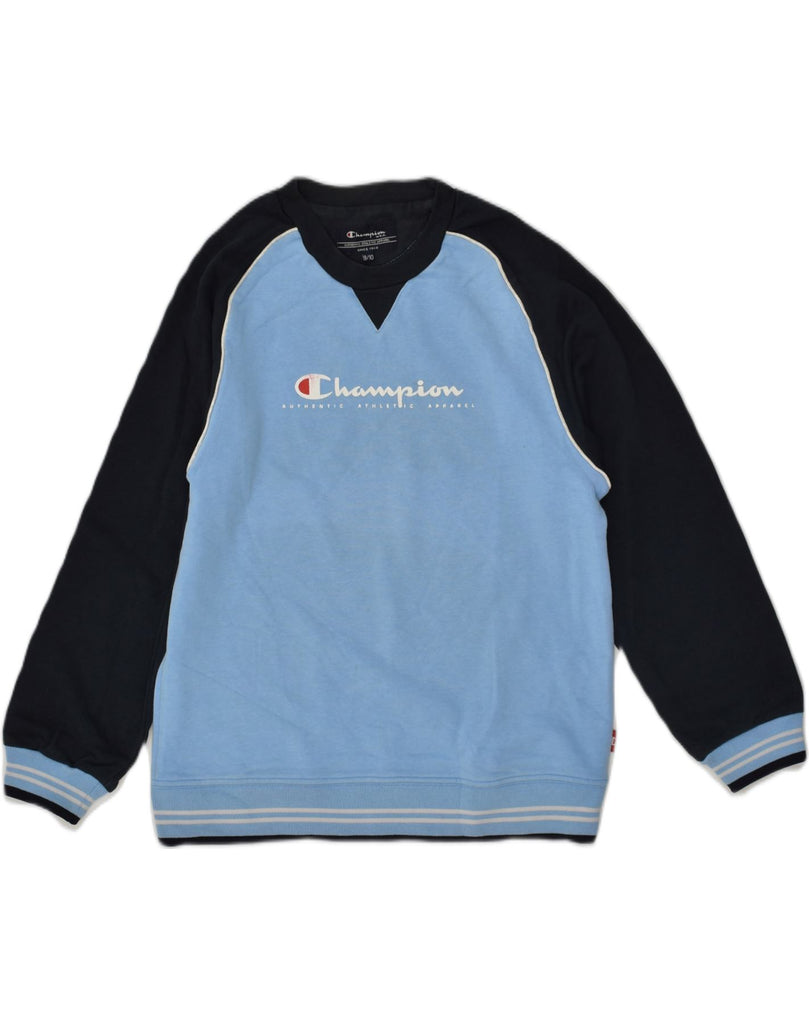 CHAMPION Boys Graphic Sweatshirt Jumper 9-10 Years Blue Colourblock Cotton | Vintage Champion | Thrift | Second-Hand Champion | Used Clothing | Messina Hembry 