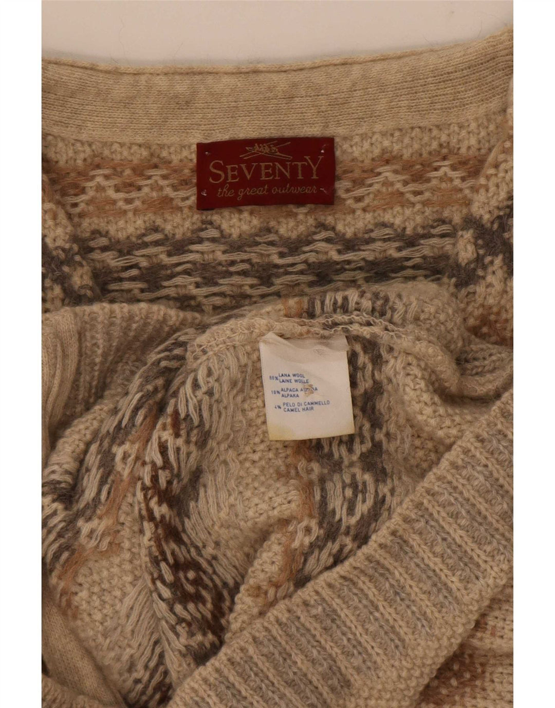 Seventy Mens Sleeveless Cardigan Sweater Large Beige Geometric Wool