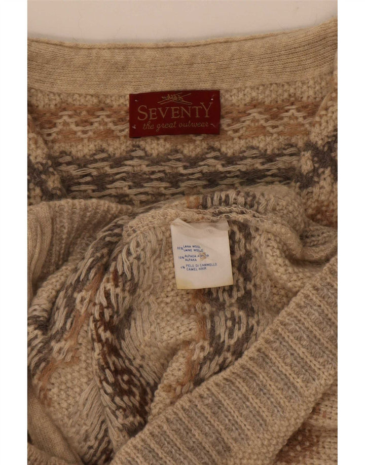 Seventy Mens Sleeveless Cardigan Sweater Large Beige Geometric Wool