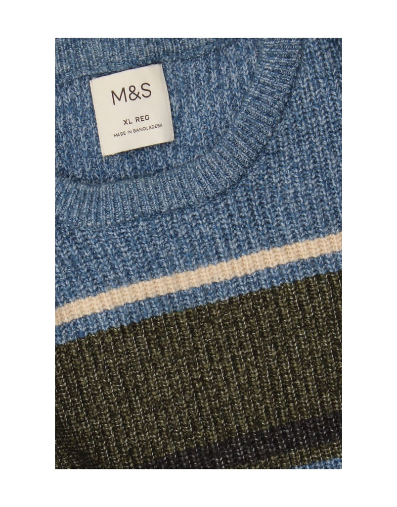 MARKS & SPENCER Mens Crew Neck Jumper Sweater XL Blue Striped Polyamide Vintage Marks & Spencer and Second-Hand Marks & Spencer from Messina Hembry 