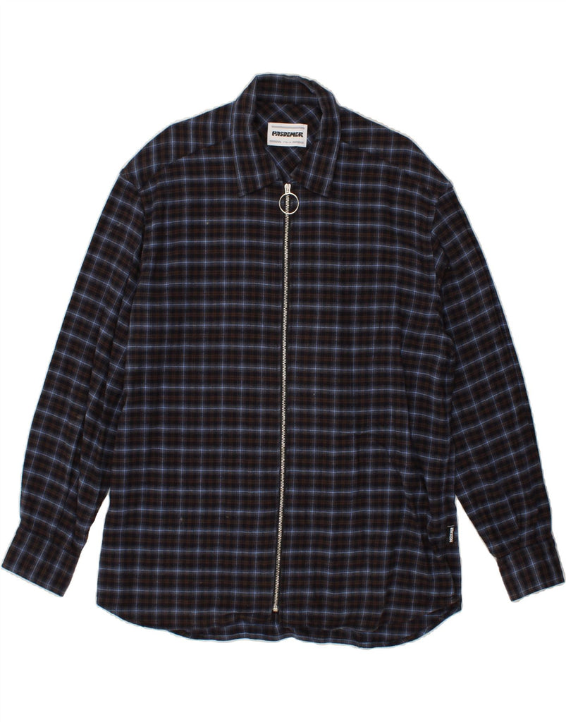 PASDEMER Mens Zip Graphic Flannel Shirt Large Navy Blue Check Cotton Vintage Pasdemer and Second-Hand Pasdemer from Messina Hembry 