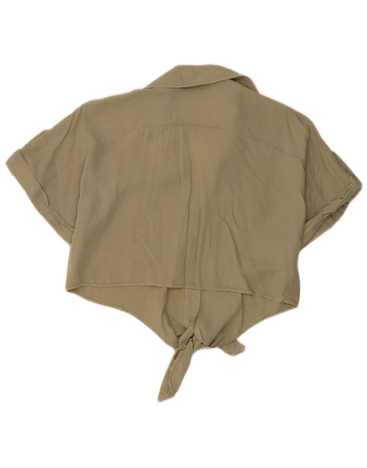 Zara Womens Crop Front Tie Oversized Shirt Blouse UK 6 XS Khaki