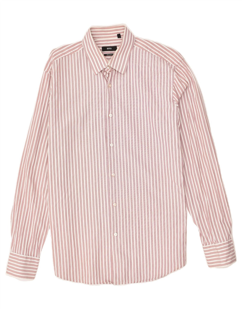 HUGO BOSS Mens Regular Fit Shirt Size 16 41 Large Pink Striped Cotton | Vintage Hugo Boss | Thrift | Second-Hand Hugo Boss | Used Clothing | Messina Hembry 