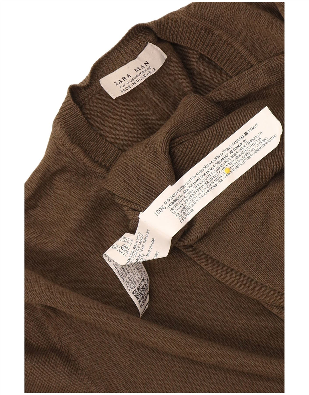 Zara Mens V-Neck Jumper Sweater XL Khaki Cotton