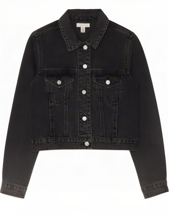 Topshop Womens Crop Denim Jacket UK 8 Small Black Cotton