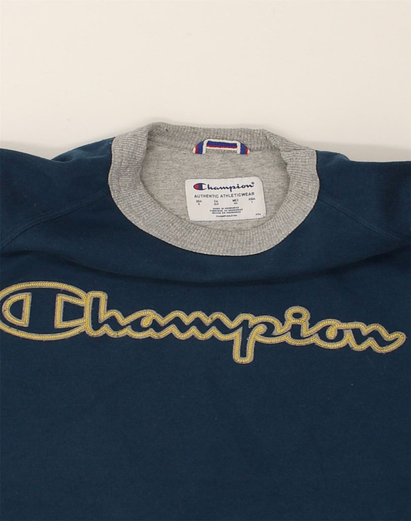 CHAMPION Mens Graphic Sweatshirt Jumper Small Navy Blue Cotton | Vintage Champion | Thrift | Second-Hand Champion | Used Clothing | Messina Hembry 