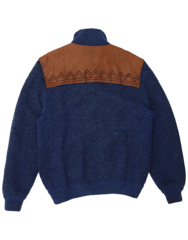 LAMBERS Mens Cardigan Sweater Large Blue Colourblock Wool