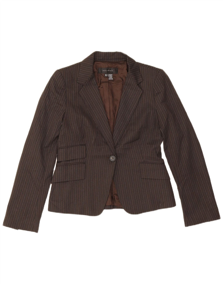 Zara Womens 1 Button Blazer Jacket EU 38 Small Brown Pinstripe Polyester