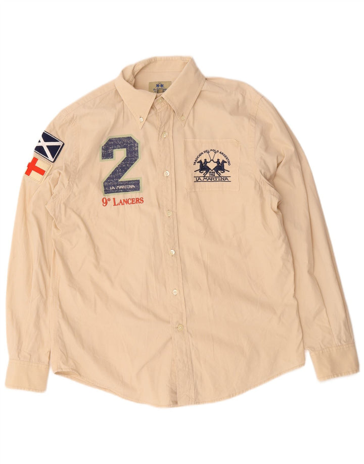 La Martina Mens Graphic Shirt Medium Beige Cotton