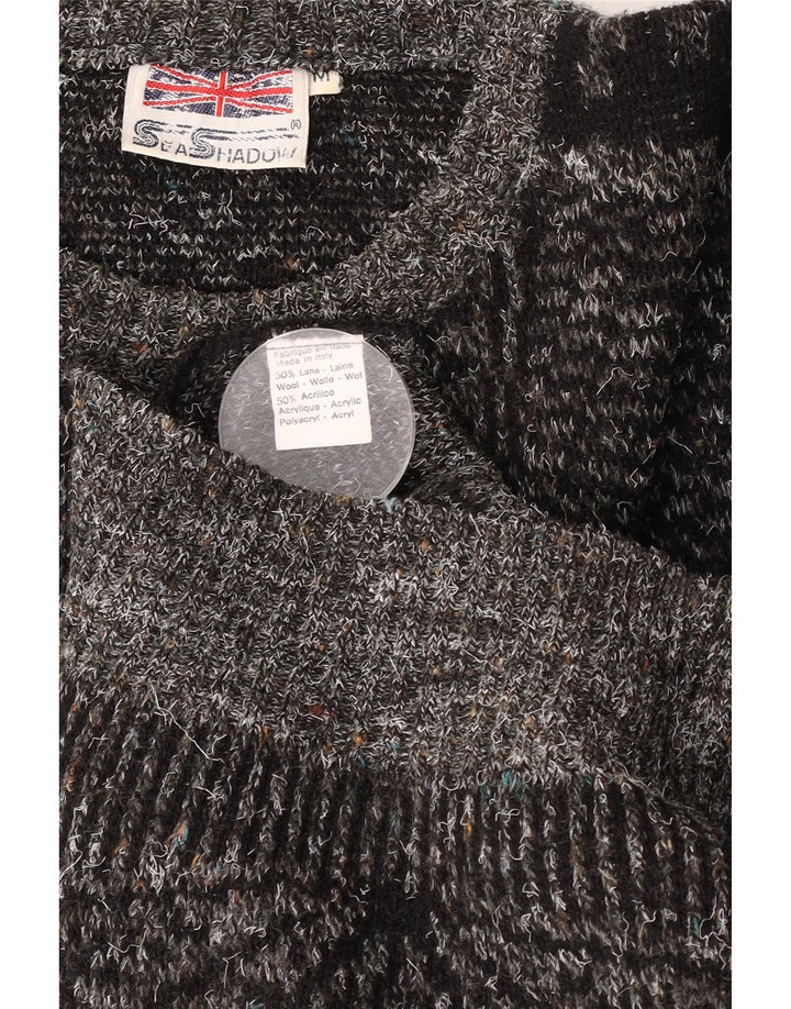 Vintage Mens Boat Neck Jumper Sweater Medium Grey Geometric Wool