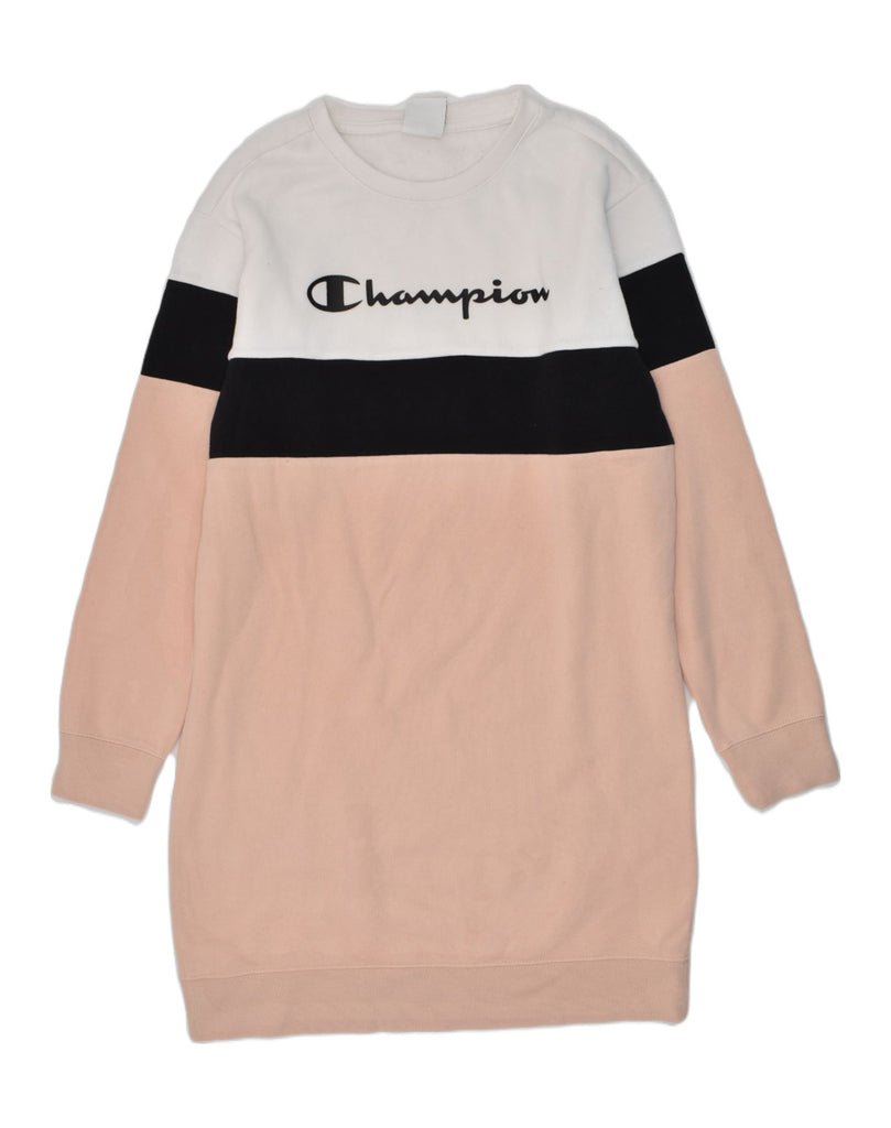 CHAMPION Girls Jumper Dress 11-12 Years Large Beige Colourblock Cotton | Vintage Champion | Thrift | Second-Hand Champion | Used Clothing | Messina Hembry 