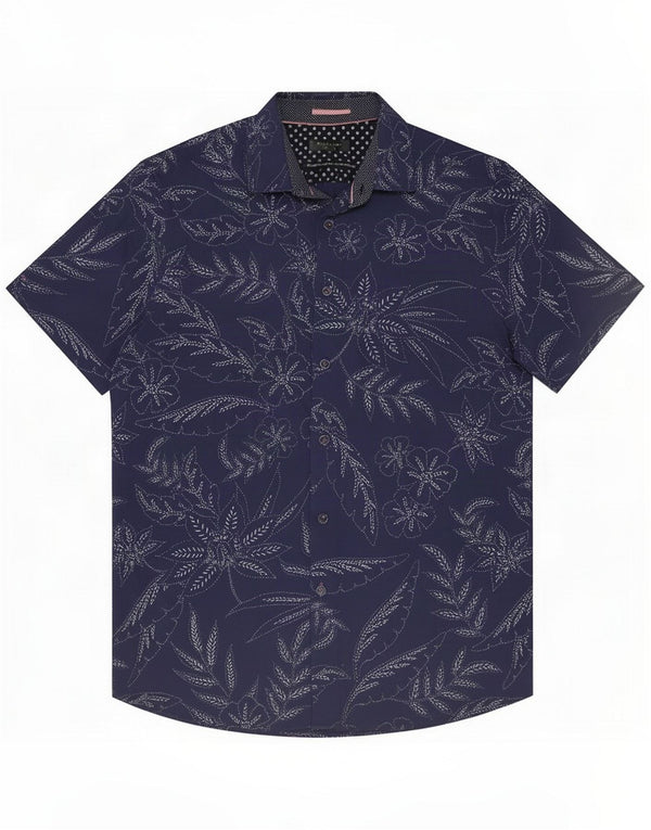 Ted Baker Mens Short Sleeve Shirt Size 4 Large Navy Blue Floral Cotton