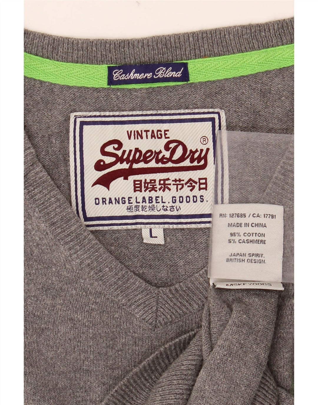 SUPERDRY Mens V-Neck Jumper Sweater Large Grey Cotton