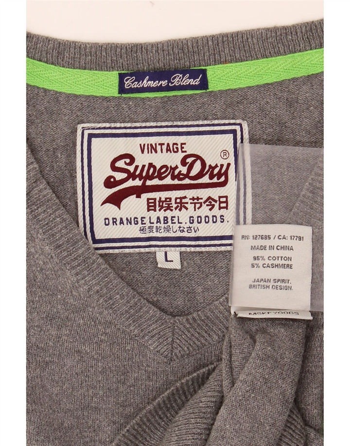 SUPERDRY Mens V-Neck Jumper Sweater Large Grey Cotton