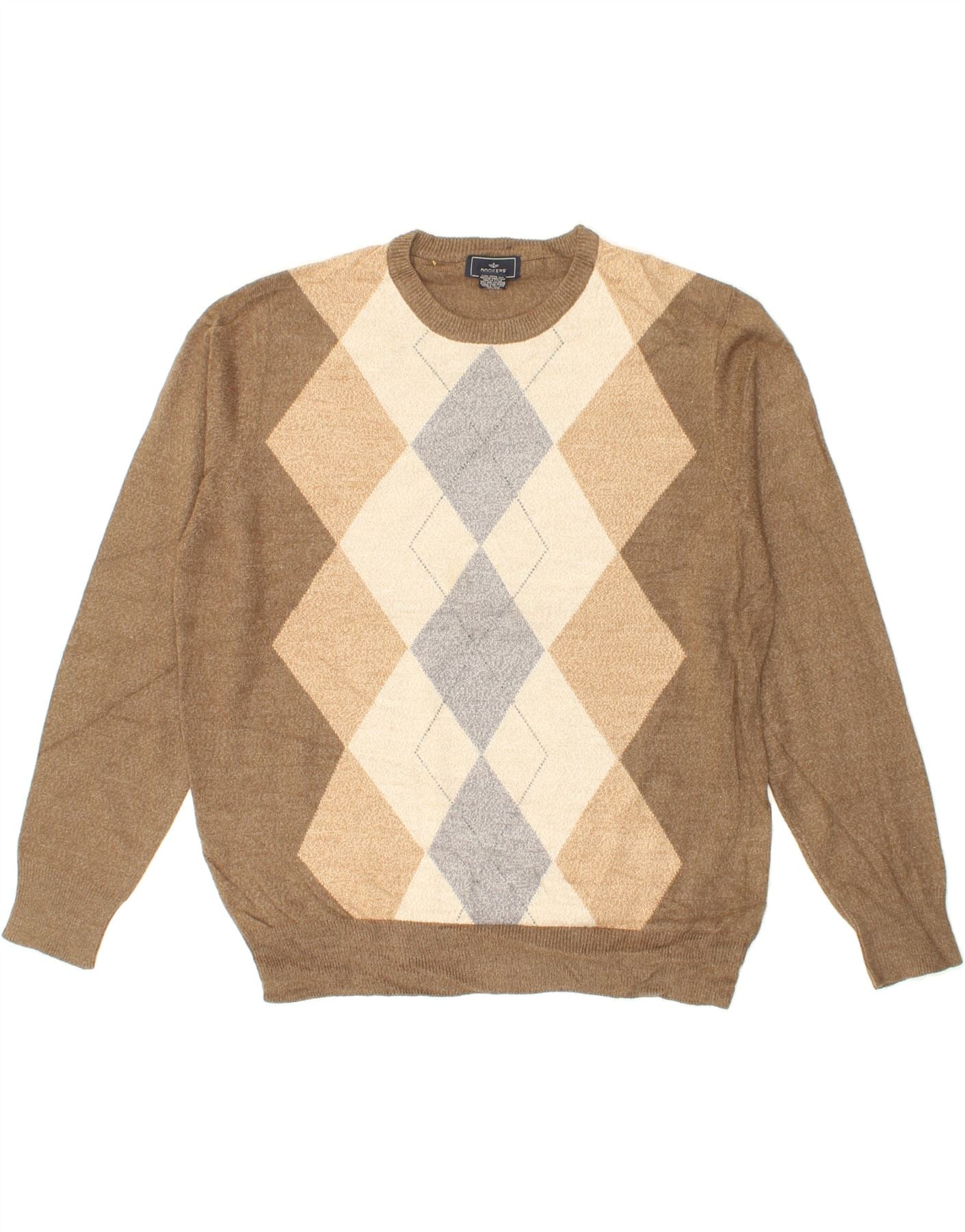 DOCKERS Mens Crew Neck Jumper Sweater Medium Brown Argyle/Diamond