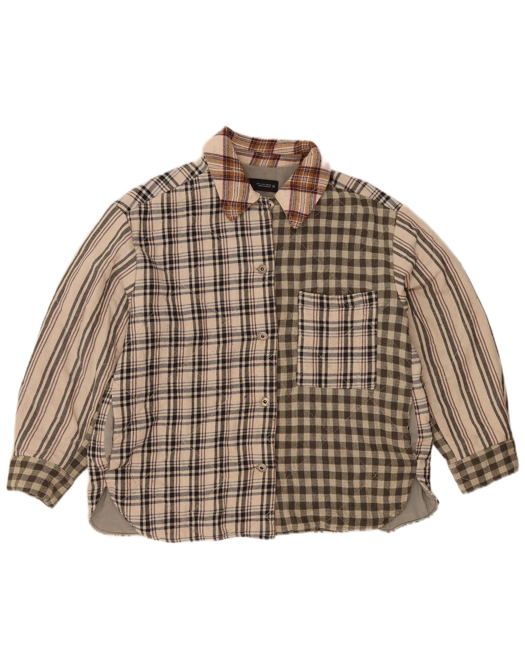 Zara Womens Lumberjack  Flannel Shirt UK 16 Large Beige Patchwork Polyester