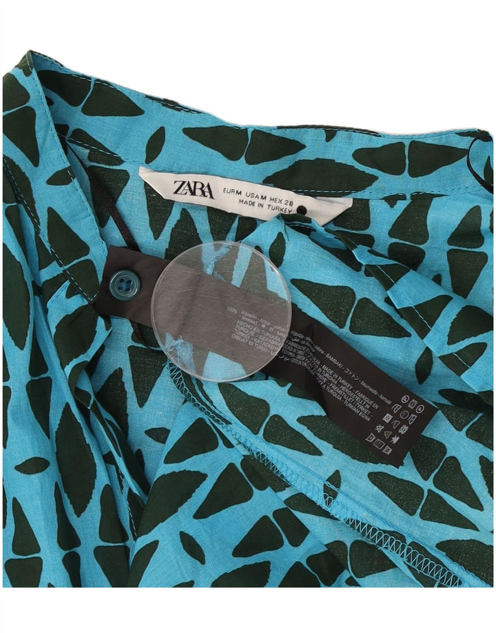 Zara Womens Long Sleeve Shift Dress UK 14 Medium Blue Geometric Cotton