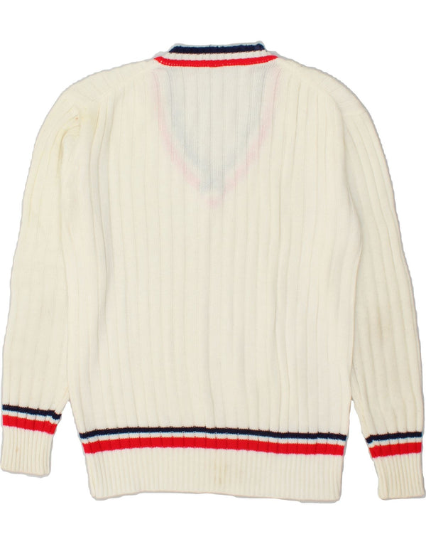 MAJESTIC Mens V-Neck Jumper Sweater Large Off White Acrylic
