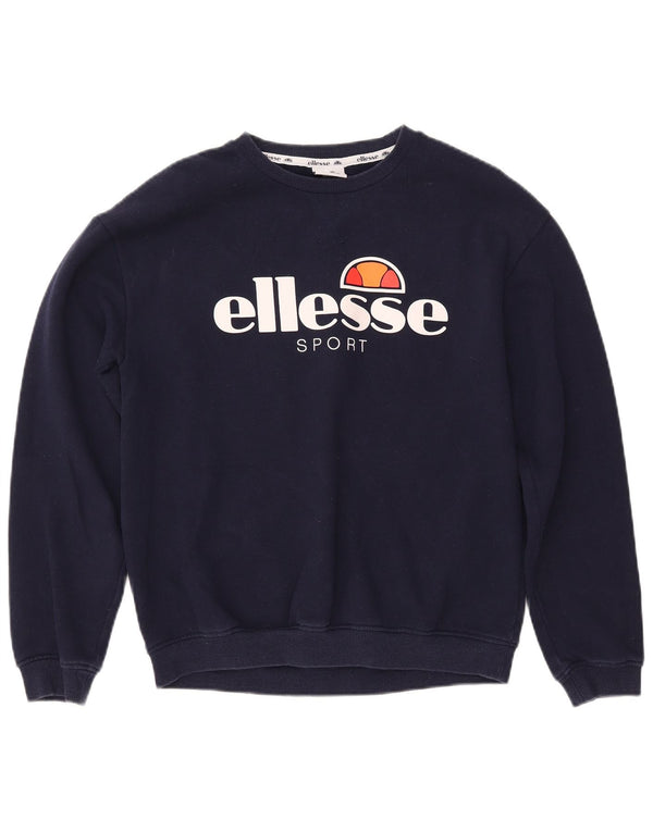ELLESSE Womens Graphic Sweatshirt Jumper UK 12 Medium Navy Blue Cotton