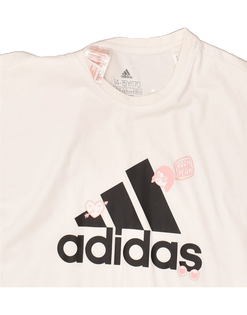 ADIDAS Girls Graphic T-Shirt Top 14-15 Years White Cotton | Vintage Adidas | Thrift | Second-Hand Adidas | Used Clothing | Messina Hembry 