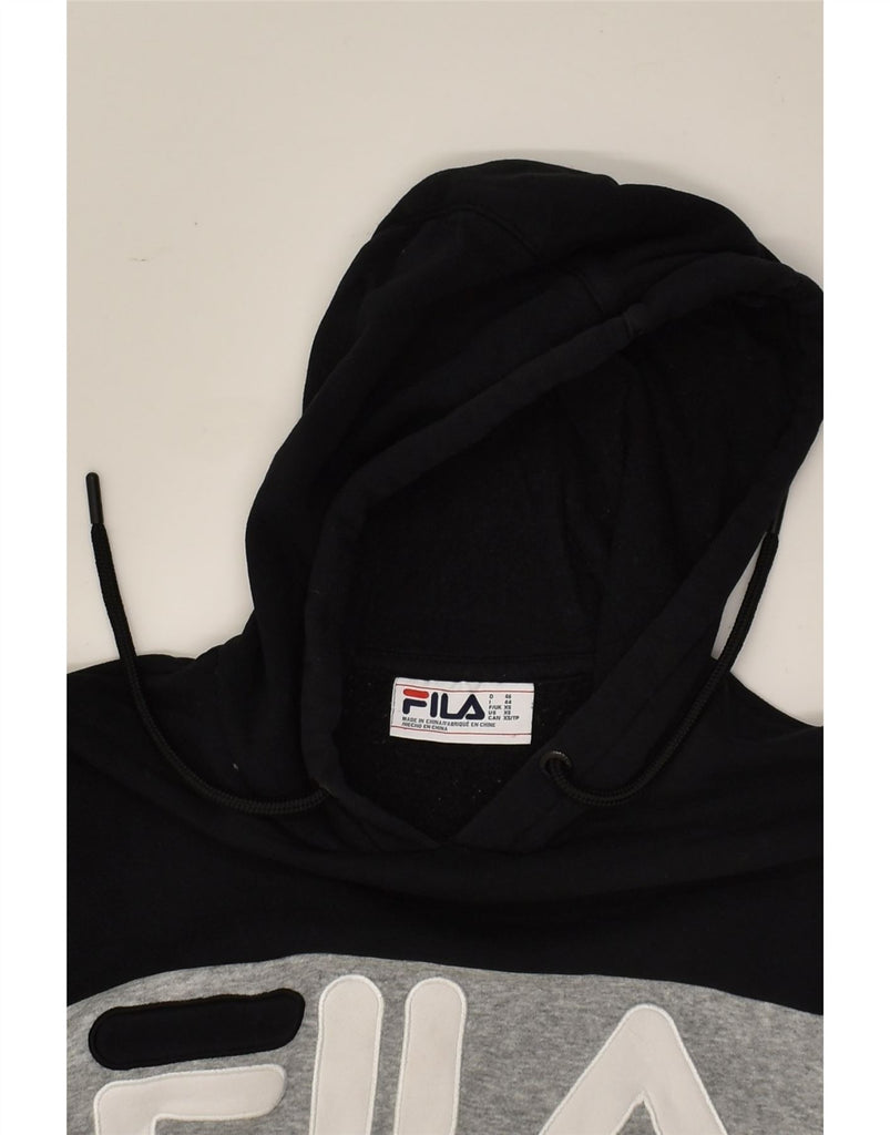 FILA Womens Graphic Hoodie Jumper UK 6 XS Grey Colourblock Cotton | Vintage Fila | Thrift | Second-Hand Fila | Used Clothing | Messina Hembry 