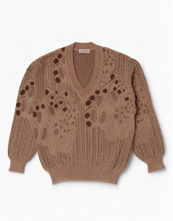 Bueckle Mens V-Neck Jumper Sweater EU 52 Large Brown Geometric Cotton