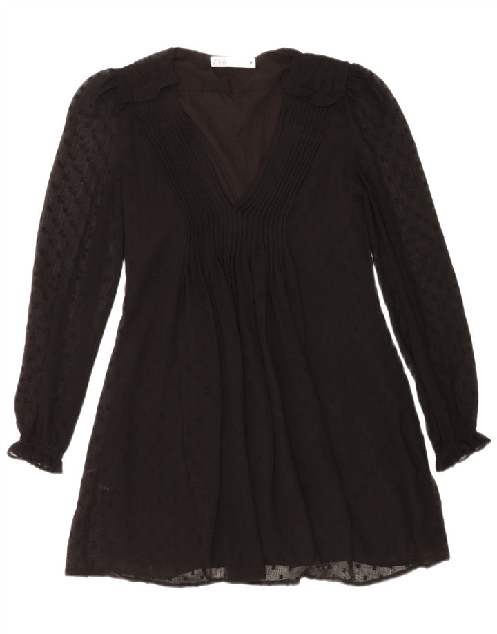 Zara Womens Long Sleeve Tunic Dress UK 10 Small Black Spotted Polyester