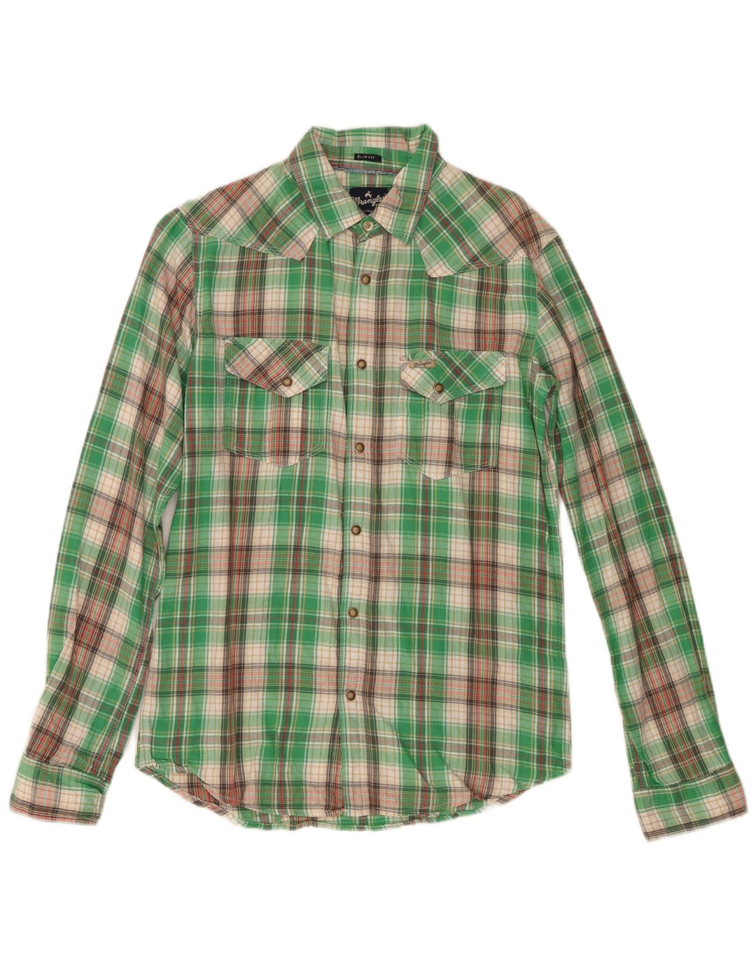 Wrangler Mens Slim Fit Flannel Shirt Small Green Check Cotton
