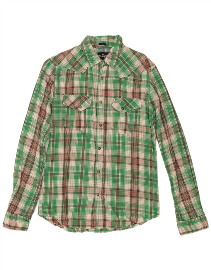 Wrangler Mens Slim Fit Flannel Shirt Small Green Check Cotton