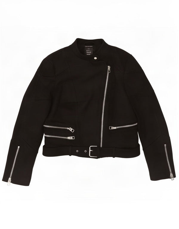 Zara Womens Trafaluc Crop Biker Jacket UK 12 Medium Black Polyester