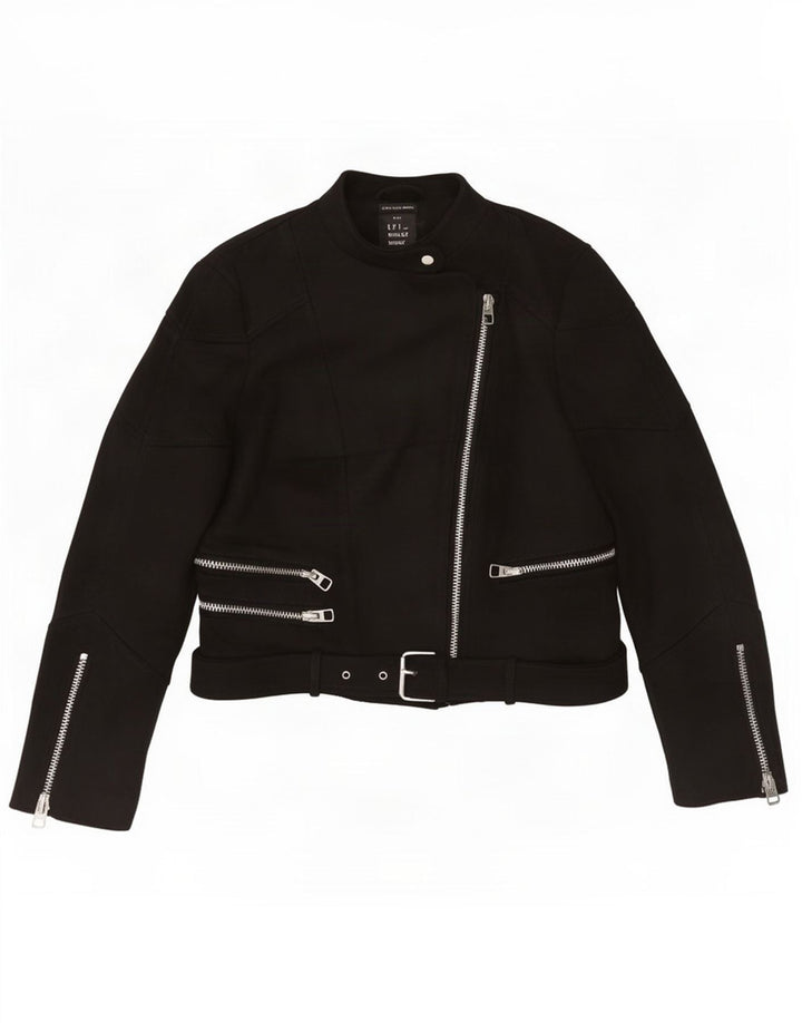 Zara Womens Trafaluc Crop Biker Jacket UK 12 Medium Black Polyester