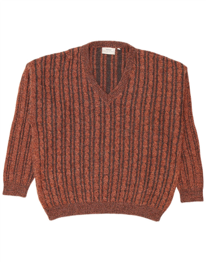 Vintage Mens V-Neck Jumper Sweater Small Brown Striped