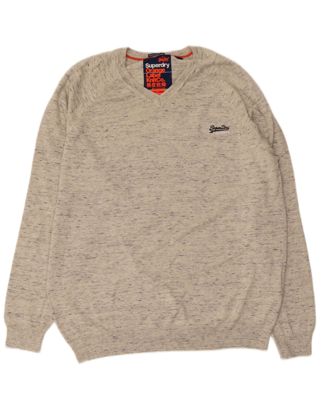 SUPERDRY Mens V-Neck Jumper Sweater 2XL Grey Flecked Cotton