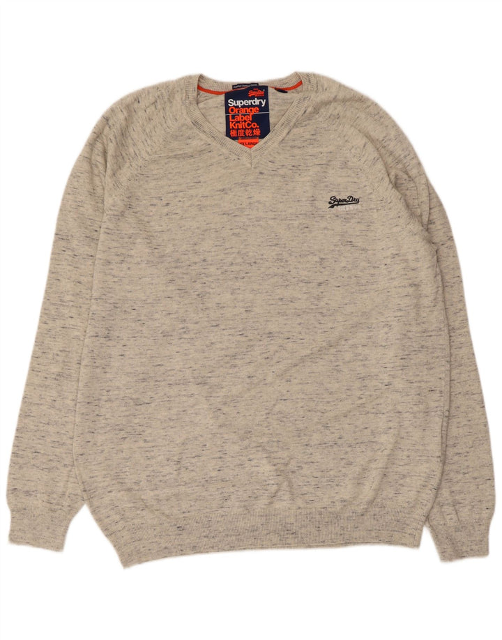 SUPERDRY Mens V-Neck Jumper Sweater 2XL Grey Flecked Cotton