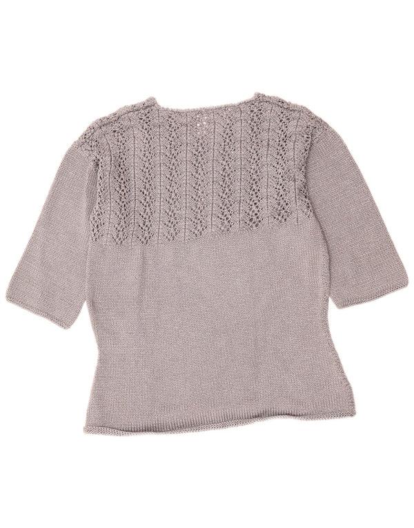 VINTAGE Womens 3/4 Sleeve Crochet V-Neck Jumper Sweater UK 14 Medium Grey