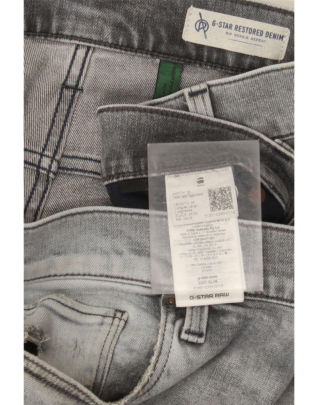 G-Star Mens 3301 Distressed Slim Jeans W36 L36 Grey Cotton
