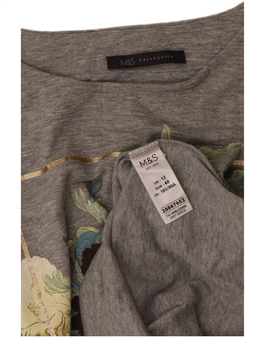 Marks & Spencer Womens Graphic Top Long Sleeve UK 12 Medium Grey Floral
