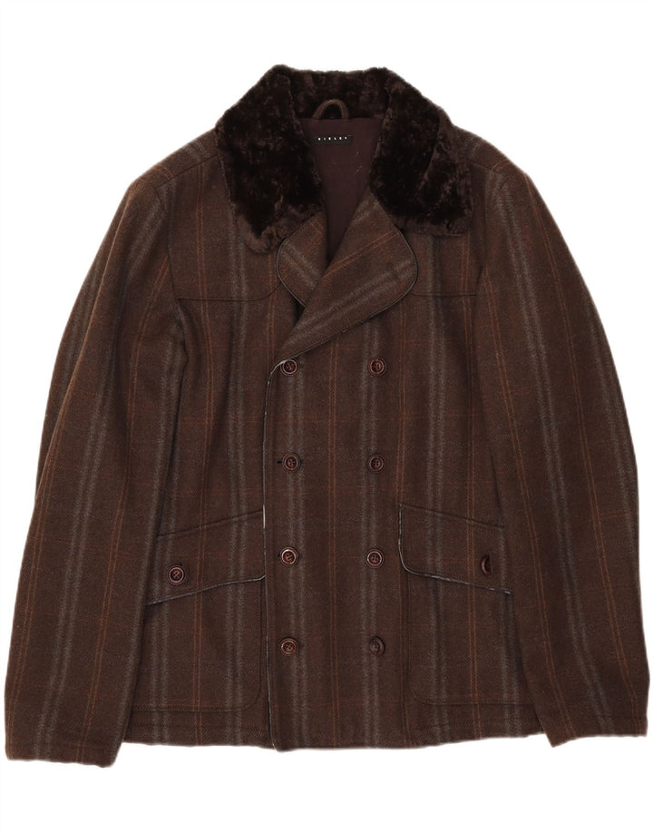 Sisley Mens Pea Coat IT 50 Large Brown Striped
