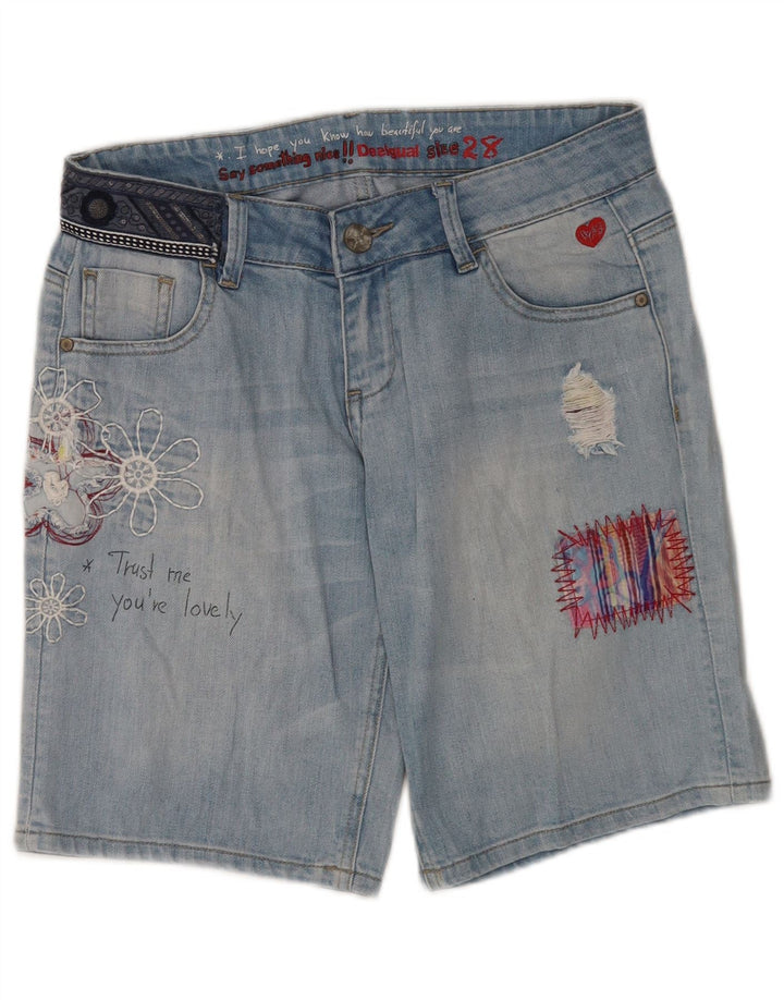 Desigual Womens Graphic Distressed Denim Shorts W28 Medium Blue Floral