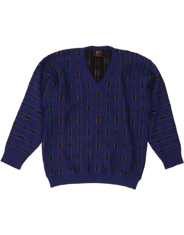 BAFFO Mens V-Neck Jumper Sweater IT 52 Large Navy Blue Geometric Wool Vintage Baffo and Second-Hand Baffo from Messina Hembry 