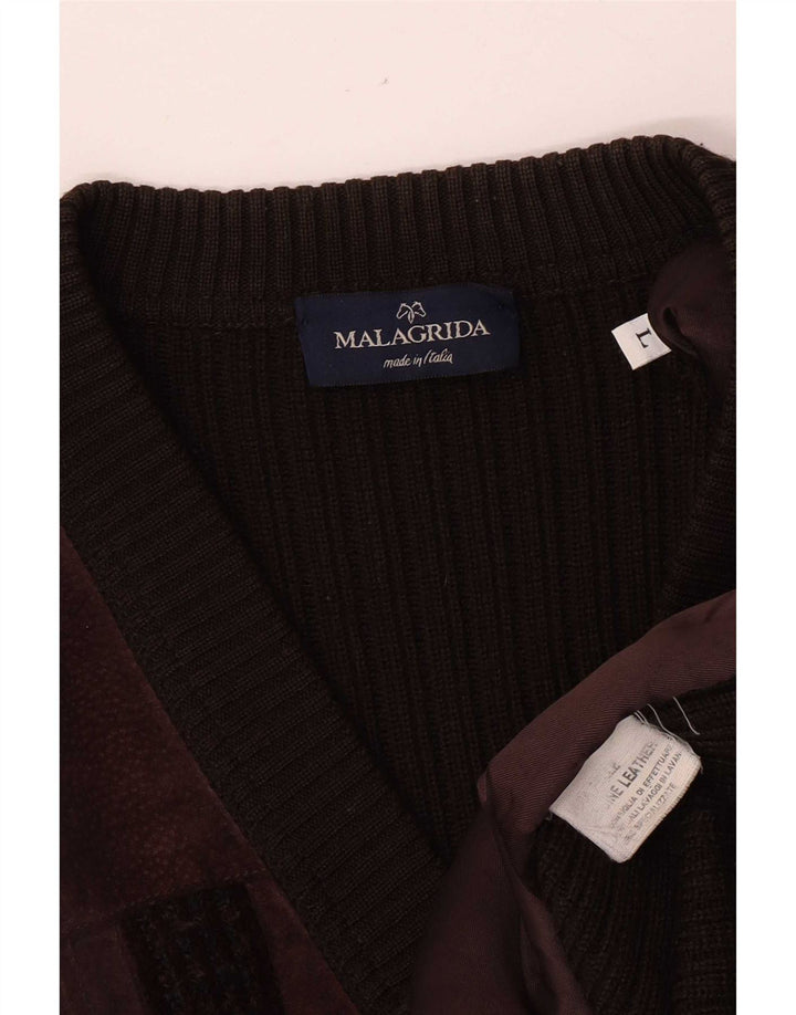 Malagrida Mens Suede Cardigan Sweater Large Brown Leather