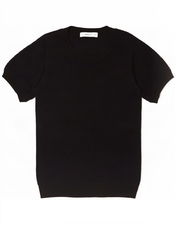 Zara Womens Short Sleeve Crew Neck Jumper Sweater UK 12 Medium Black
