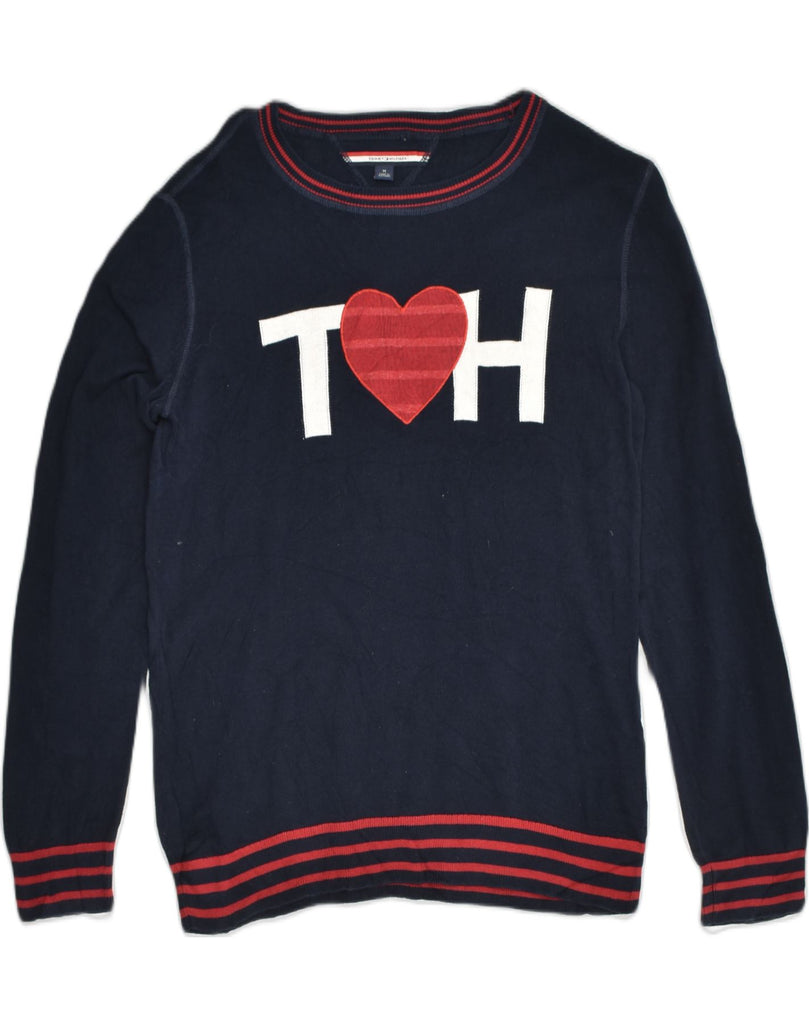 TOMMY HILFIGER Womens Graphic Sweatshirt Jumper UK 12 Medium Navy Blue | Vintage Tommy Hilfiger | Thrift | Second-Hand Tommy Hilfiger | Used Clothing | Messina Hembry 