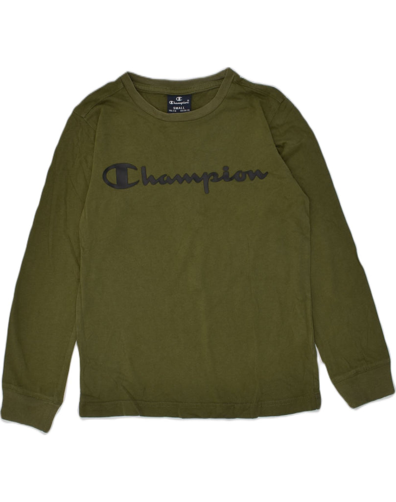 CHAMPION Boys Graphic Top Long Sleeve 7-8 Years Small Khaki Cotton | Vintage Champion | Thrift | Second-Hand Champion | Used Clothing | Messina Hembry 