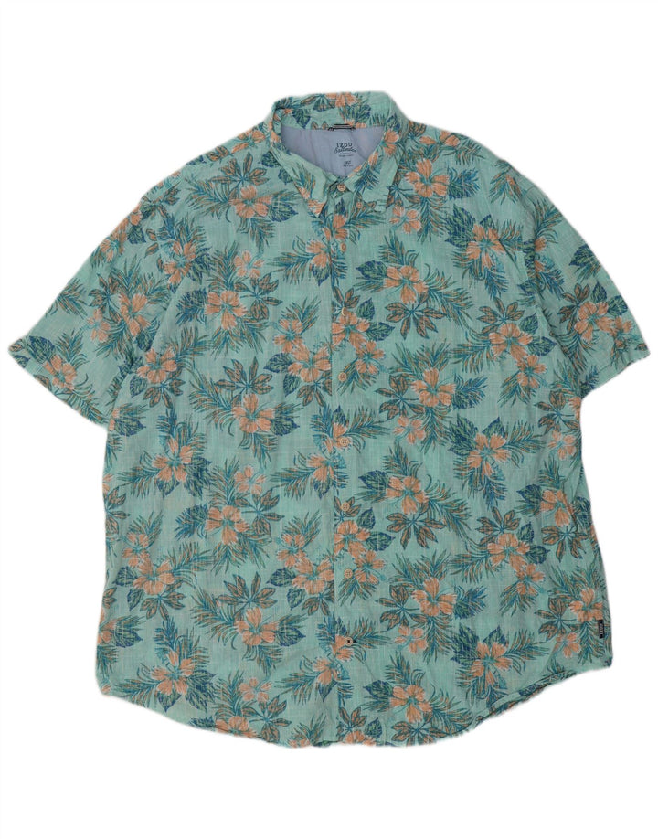 IZOD Mens Tall Short Sleeve Shirt 2XL Turquoise Floral Cotton