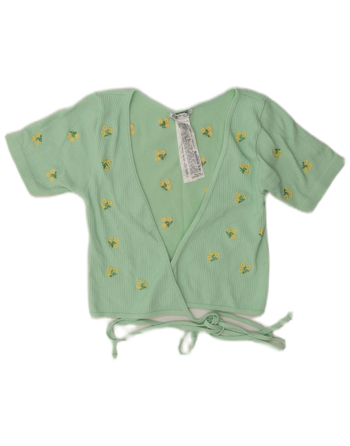 Zara Womens Wrap Cardigan Top UK 12 Medium Green Floral Polyamide
