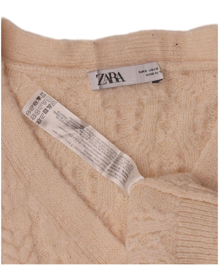 Zara Womens Oversized Crop Cardigan Sweater UK 10 Small Beige Acrylic
