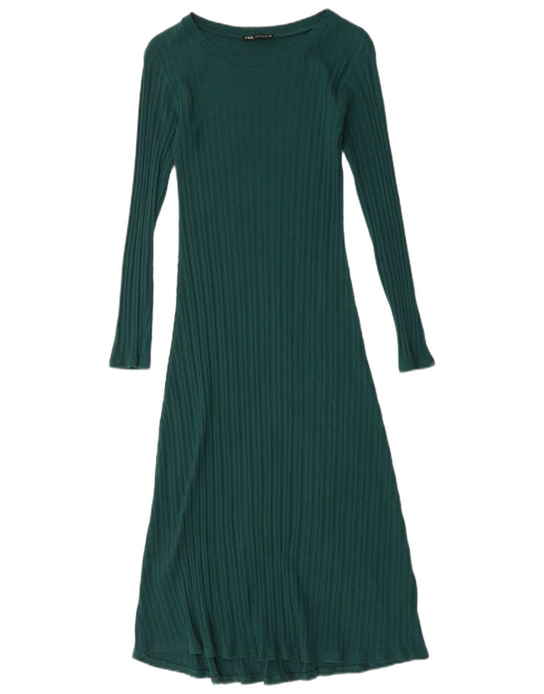 Zara Womens Long Sleeve Maxi Dress UK 12 Medium Green Cotton