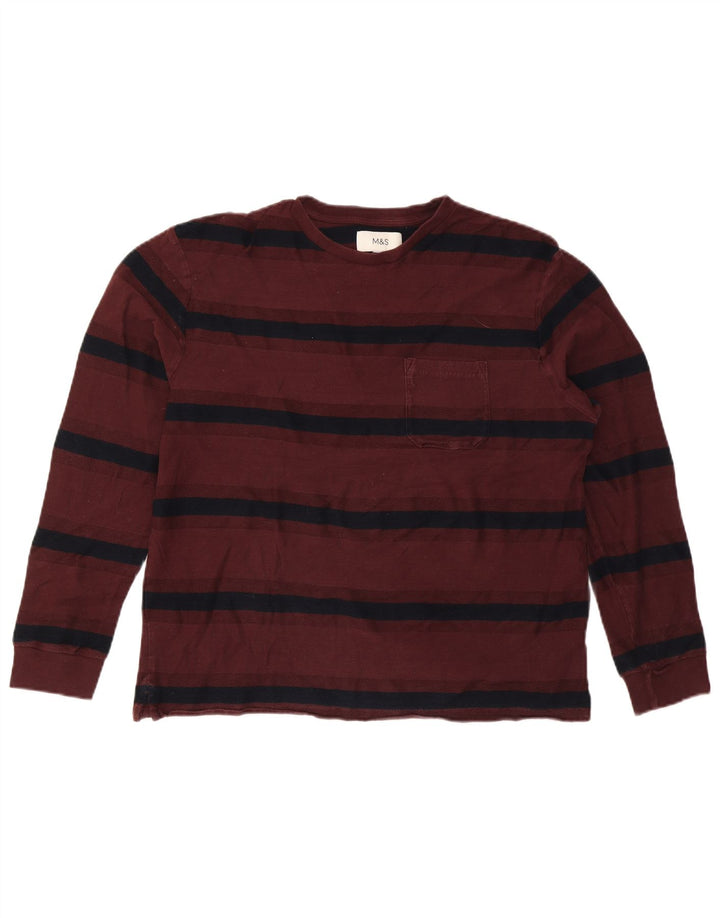 Marks & Spencer Mens Top Long Sleeve Large Burgundy Striped Cotton